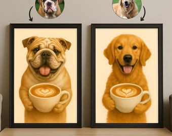 Custom Coffee Pet Portrait Holding Latte Cup | Personalized Digital Pet Art for Dog or Cat | Funny Coffee Lover Gift and Home Wall Decor