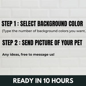 May include: A white tiled background with black text that reads "STEP 1: SELECT BACKGROUND COLOR (Type the number of background colors you want.) STEP 2: SEND PICTURE OF YOUR PET Any ideas, free to message us! READY IN 10 HOURS"