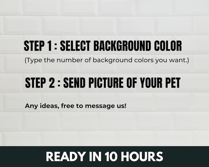 May include: A white tiled background with black text that reads "STEP 1: SELECT BACKGROUND COLOR (Type the number of background colors you want.) STEP 2: SEND PICTURE OF YOUR PET Any ideas, free to message us! READY IN 10 HOURS"