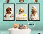 Custom Pet Bathroom Art Set of 3 – Funny Dog in Toilet, Pet in Bathtub and Spa Towel Prints – Personalized Pet Wall Decor for Bathroom