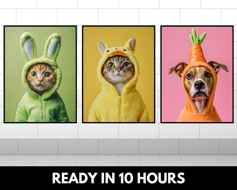 May include: Three framed pictures of animals wearing costumes. The first picture shows a cat wearing a green bunny costume. The second picture shows a cat wearing a yellow duck costume. The third picture shows a dog wearing an orange carrot costume.