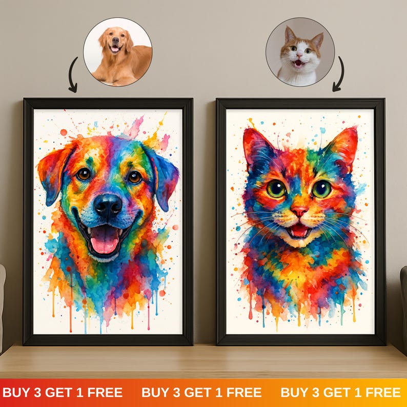 May include: Two framed watercolor art prints featuring a dog and a cat. The dog print shows a smiling dog with rainbow-colored fur. The cat print depicts a cat with rainbow-colored fur. The text "BUY 3 GET 1 FREE" is at the bottom.