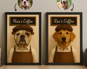 Custom Barista Pet Portrait in Coffee Shop Outfit | Personalized Digital Pet Art for Dog or Cat | Funny Coffee-Themed Wall Art Gift