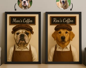 Custom Barista Pet Portrait in Coffee Shop Outfit | Personalized Digital Pet Art for Dog or Cat | Funny Coffee-Themed Wall Art Gift