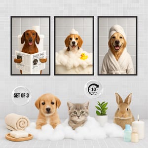 May include: Set of three framed art prints featuring dogs and other animals in a bathroom setting. One print shows a dachshund reading a newspaper, another a beagle in a bubble bath, and a golden retriever in a robe. The bottom row shows a puppy, kitten, and rabbit in a bubble bath.