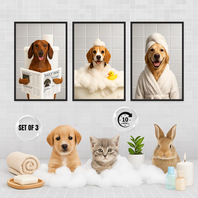 May include: Set of three framed art prints featuring dogs and other animals in a bathroom setting. One print shows a dachshund reading a newspaper, another a beagle in a bubble bath, and a golden retriever in a robe. The bottom row shows a puppy, kitten, and rabbit in a bubble bath.