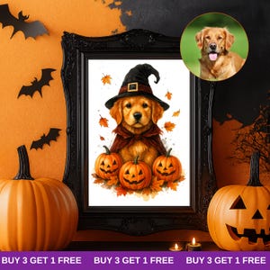 Aangepaste halloween huisdier portret met pompoen kostuum, grappige heks huisdier kunst, gepersonaliseerd dier halloween cadeau, digitale huisdier illustratie