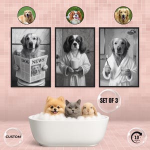 May include: A set of three framed black and white dog portraits, each depicting a dog in a humorous setting. The bottom of the image shows a white bathtub with a Pomeranian, a gray cat, and a rabbit. The text "SET OF 3" is visible.