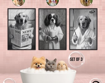 Custom Pet Bathroom Wall Art Set of 3 | Funny Dog Portraits in Bath & Spa Theme | Unique Bathroom Decor for Pet Lovers