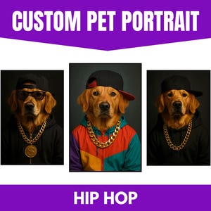 Custom Hip Hop Pet Portrait, Personalized Dog Or Cat Rapper Outfit Digital Art, Funny Gold Chain Pet Print, Urban Style Gift For Pet Lovers