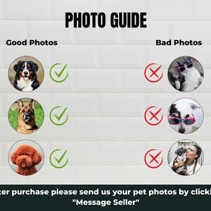 May include: A guide for submitting good photos of pets for custom artwork. The guide shows examples of good photos with a green checkmark and bad photos with a red X. The text reads "Photo Guide", "Good Photos", "Bad Photos", and "After purchase please send us your pet photos by clicking "Message Seller""