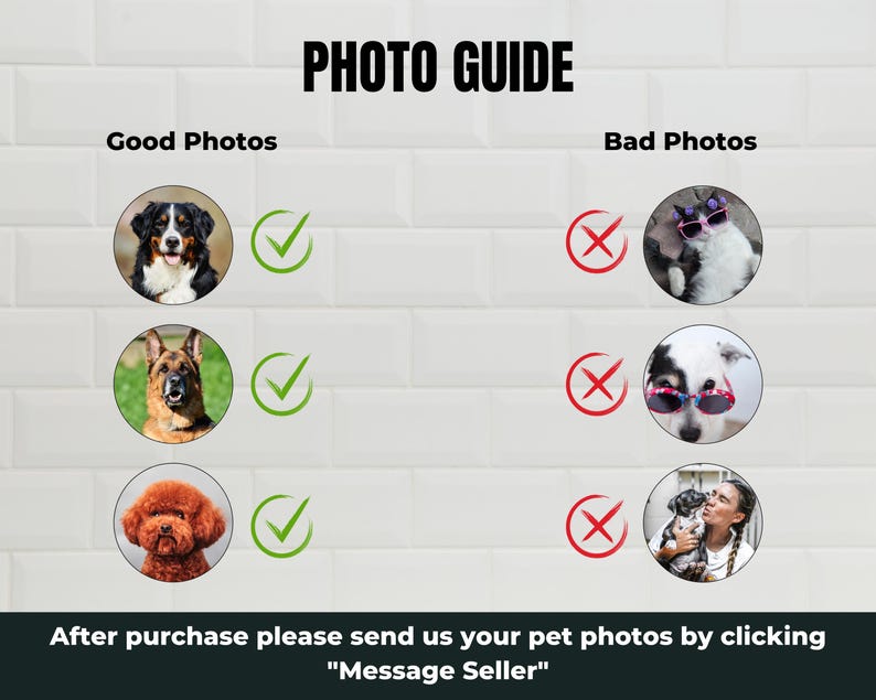 May include: A guide for submitting good photos of pets for custom artwork. The guide shows examples of good photos with a green checkmark and bad photos with a red X. The text reads "Photo Guide", "Good Photos", "Bad Photos", and "After purchase please send us your pet photos by clicking "Message Seller""