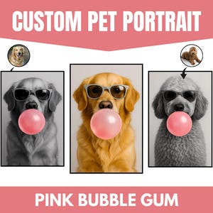 Może przedstawiać: Trzy cyfrowe ilustracje psów w okularach przeciwsłonecznych dmuchających różową gumę do żucia. Pierwszy pies to golden retriever, drugi to czarno-biały pudel, a trzeci to czarno-biały golden retriever.
