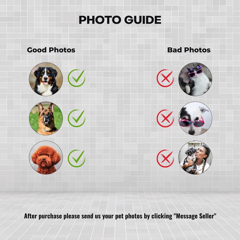 May include: A photo guide with the title "PHOTO GUIDE" at the top. The left side shows examples of "Good Photos" with images of dogs and green checkmarks. The right side shows "Bad Photos" with images of pets wearing sunglasses and a person with a dog, with red X marks.