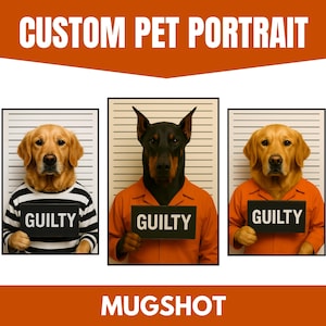 Retrato personalizado de animal de estimação, arte digital de fantasia engraçada de cachorro preso, impressão de parede personalizada de animal de estimação, pôster de animal de estimação culpado, presente para download digital