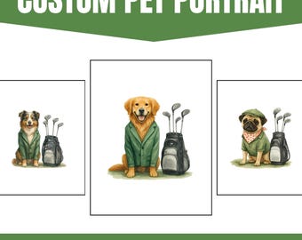 Custom Dog Golf Portrait Printable, Pet Playing Golf Digital Wall Art, Golden Retriever Golf Decor, Funny Gift For Dog Lovers, Kids Room Art