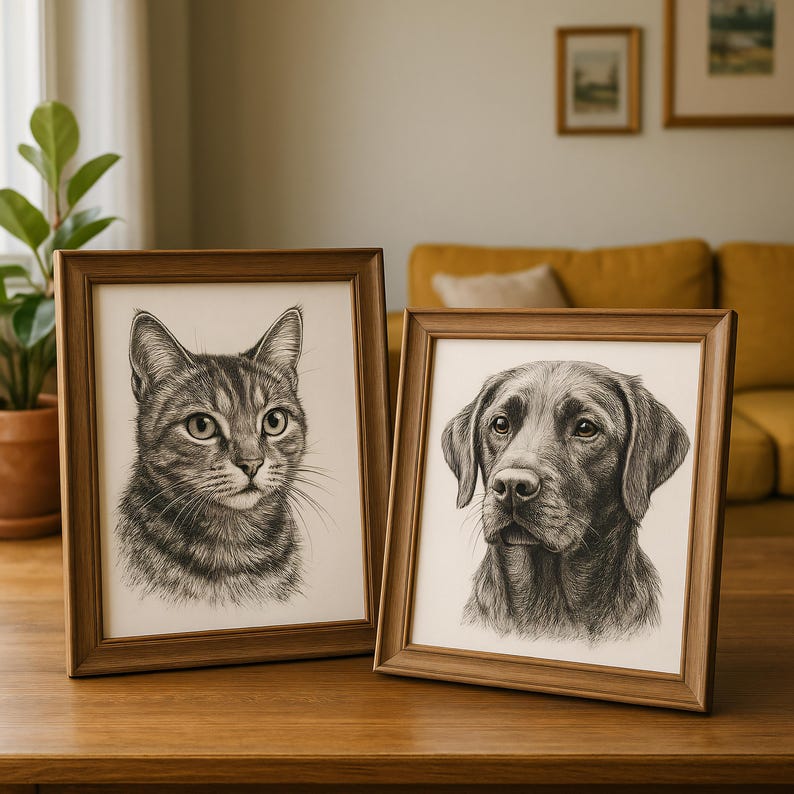May include: Two framed animal portraits. One features a detailed pencil sketch of a tabby cat, the other a black Labrador. Both are in wooden frames, set on a wooden surface, and are likely home decor.