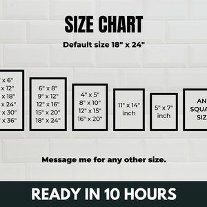 May include: A size chart for custom prints, showing various sizes in inches, including 4x6, 8x12, 12x18, 16x24, 20x30, 24x36, 6x8, 9x12, 12x16, 15x20, 18x24, 4x5, 8x10, 12x15, 16x20, 11x14, 5x7, and any square size. The default size is 18x24 inches. The text "Ready in 10 hours" is also included.