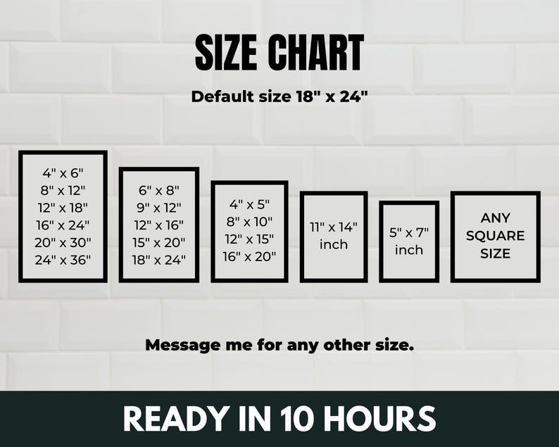 May include: A size chart for custom prints, showing various sizes in inches, including 4x6, 8x12, 12x18, 16x24, 20x30, 24x36, 6x8, 9x12, 12x16, 15x20, 18x24, 4x5, 8x10, 12x15, 16x20, 11x14, 5x7, and any square size. The default size is 18x24 inches. The text "Ready in 10 hours" is also included.