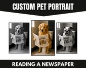 Custom Pet Portrait On Toilet Reading Newspaper, Funny Bathroom Dog Art, Personalized Digital Pet Print, Gag Gift For Pet Lovers Download