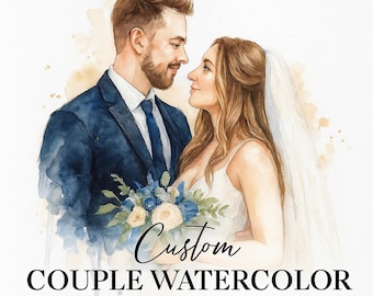 Retrato de pareja en acuarela personalizado, pintura digital personalizada de pareja, arte romántico en acuarela a partir de una foto, arte mural imprimible de pareja.