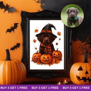 Aangepast Halloween-huisdierportret met pompoenkostuum, gepersonaliseerde huisdierillustratie, herfsthuisdierkunst aan de muur, grappig Halloween-cadeau voor hond of kat