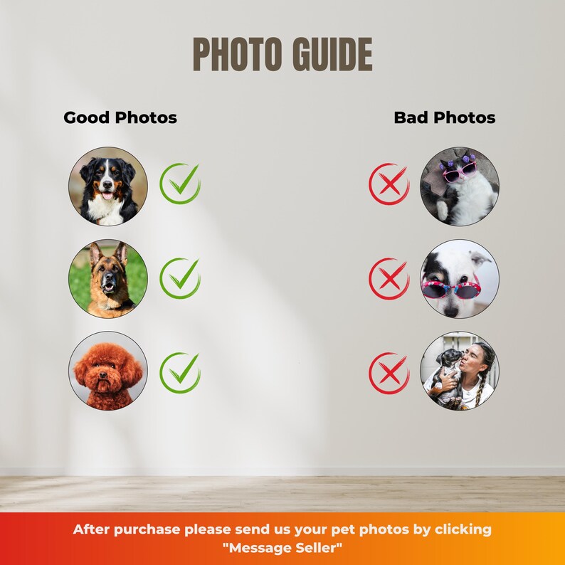 May include: A photo guide with the title "PHOTO GUIDE" at the top. The left side shows examples of "Good Photos" with three dog portraits and green checkmarks. The right side shows "Bad Photos" with three pet photos and red X marks.
