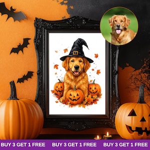 Aangepast Halloween-huisdierportret met heksenhoed en pompoenen, grappige herfsthuisdierkunst, gepersonaliseerde huisdierillustratie, digitaal cadeau herfstthema