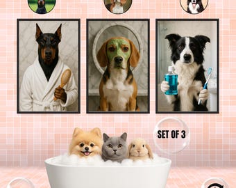 Custom Pet Bathroom Wall Art Set of 3 | Funny Pet Portraits Spa Theme | Dog Spa Prints, Bathroom Decor, Unique Gift for Pet Lovers