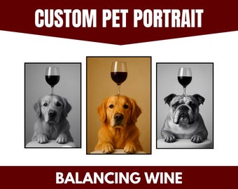 May include: Three dogs, a golden retriever, a bulldog, and another golden retriever, are balancing a glass of red wine on their noses. The dogs are in different poses, and the background is a neutral color.