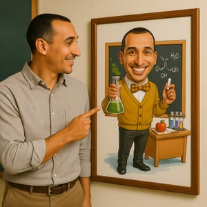 Custom Chemistry Teacher Caricature Portrait from Photo – Personalized Cartoon Science Classroom Illustration with Lab Elements