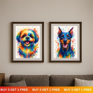 May include: Two framed watercolor dog portraits. One features a colorful Shih Tzu, the other a Doberman Pinscher. Both have vibrant, abstract backgrounds. The frames are dark brown. The bottom of the image has text that reads "BUY 3 GET 1 FREE".