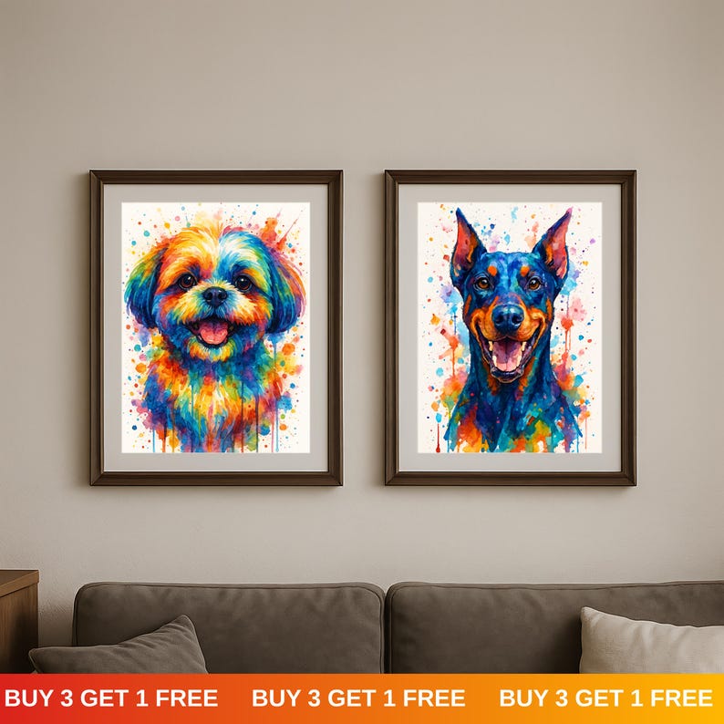 May include: Two framed watercolor dog portraits. One features a colorful Shih Tzu, the other a Doberman Pinscher. Both have vibrant, abstract backgrounds. The frames are dark brown. The bottom of the image has text that reads "BUY 3 GET 1 FREE".
