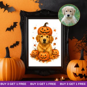 Aangepast Halloween-huisdierportret in pompoenkostuum, gepersonaliseerde dierenillustratie, grappige herfsthuisdierkunst, cadeau-idee digitale huisdiertekening