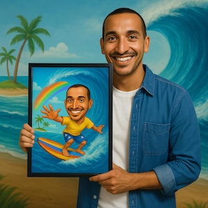 Custom Surfer Caricature Portrait from Photo – Personalized Cartoon Style Surfing Artwork – Fun Beach and Ocean Lover Gift Idea