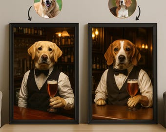 Retrato personalizado de camarero de mascotas, perro o gato divertido con esmoquin y bebida, arte personalizado para mascotas, decoración única para bar, regalo para amantes de las mascotas, obra de arte digital