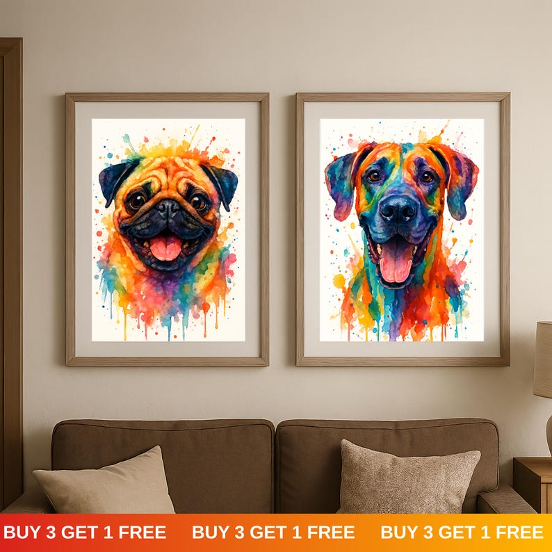 May include: Two framed watercolor prints of dogs. One features a pug, the other a dog with floppy ears. Both are rendered in vibrant rainbow colors with paint splatter effects. The frames are light brown.