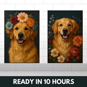 May include: Two framed paintings of golden retriever dogs with floral arrangements. The dog on the left is wearing a flower crown. The dog on the right is surrounded by flowers.