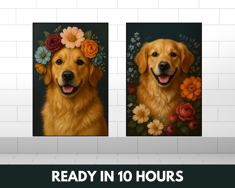 May include: Two framed paintings of golden retriever dogs with floral arrangements. The dog on the left is wearing a flower crown. The dog on the right is surrounded by flowers.
