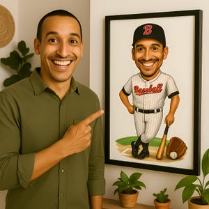 Custom Baseball Caricature Portrait from Photo – Personalized Cartoon Style Baseball Player Drawing – Unique Sports Gift for Him