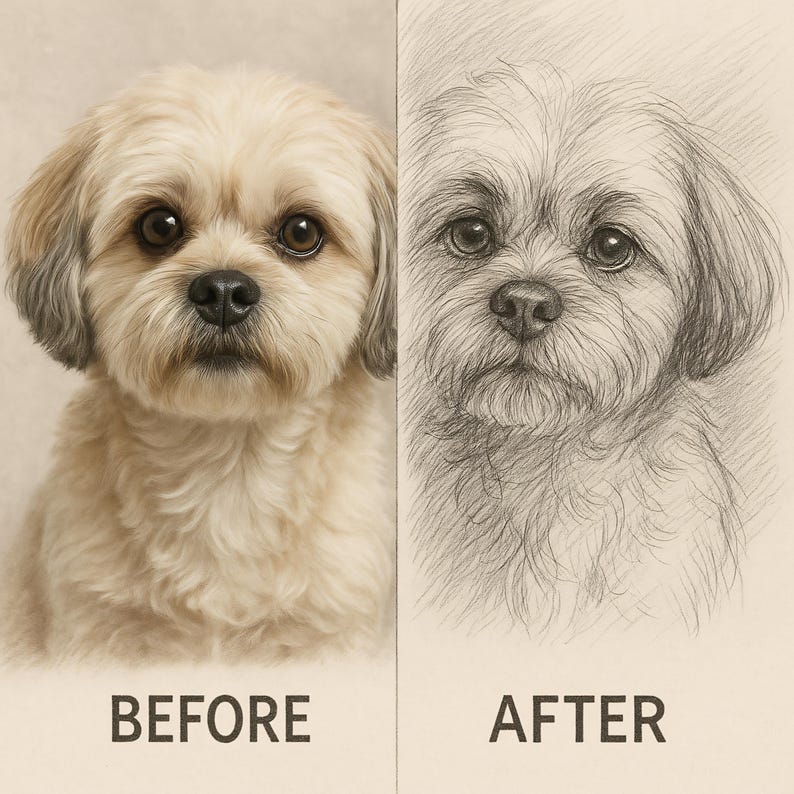 May include: A side-by-side comparison of a dog portrait before and after a pencil sketch. The "before" image shows a fluffy, light-colored dog with brown eyes. The "after" image is a detailed pencil sketch of the same dog. The text "BEFORE" and "AFTER" are below each image.