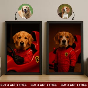 May include: Two framed dog portraits. One shows a Golden Retriever in a red race car, the other a Beagle in a red racing suit. Both dogs are in front of a red car. The text at the bottom reads "BUY 3 GET 1 FREE".