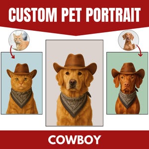 Custom Cowboy Pet Portrait, Digital Pet Art Printable, Funny Pet Gift For Dog Or Cat Owners, Western Themed Pet Drawing, Unique Gift Idea