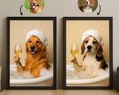 Custom Funny Pet Portrait in Bathtub with Wine Glass | Personalized Dog or Cat Spa Artwork from Photo | Digital Relaxing Pet Wall Art