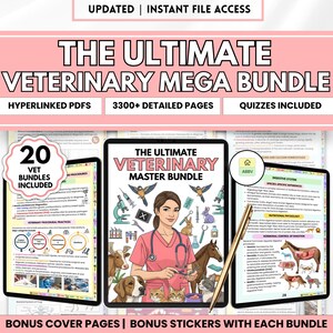 May include: Digital veterinary mega bundle with 20 vet bundles, 3300+ detailed pages, and quizzes. The cover features a veterinarian with animals. Includes bonus cover pages and stickers. Text reads "The Ultimate Veterinary Mega Bundle."