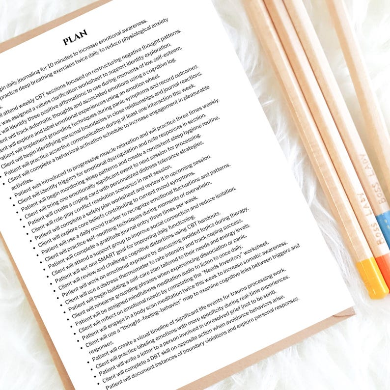 May include: A white paper with the word "PLAN" at the top, listing weekly goals for emotional awareness and mental health. Three pencils with the text "BOSS LADY" are on the right side, with orange, blue, and yellow accents.