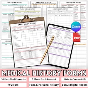 Op de afbeelding: Een verzameling medische geschiedenisformulieren, inclusief sjablonen voor familie- en persoonlijke geschiedenis. De formulieren zijn beschikbaar in verschillende formaten en kleuren, met opties voor PDF- en Canva-bewerking. Een gouden pen ligt op een digitale tablet. De tekst onderaan luidt "MEDICAL HISTORY FORMS".