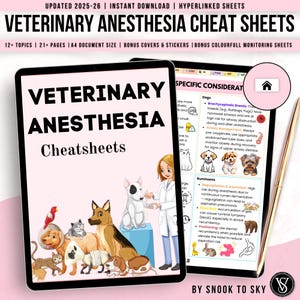 Puede incluir: Una descarga digital de hojas de trucos de anestesia veterinaria. La portada presenta una ilustración de dibujos animados de un veterinario con varios animales, incluyendo un perro, un gato y un pájaro. El texto "Veterinary Anesthesia Cheatsheets" se muestra en rosa y blanco.