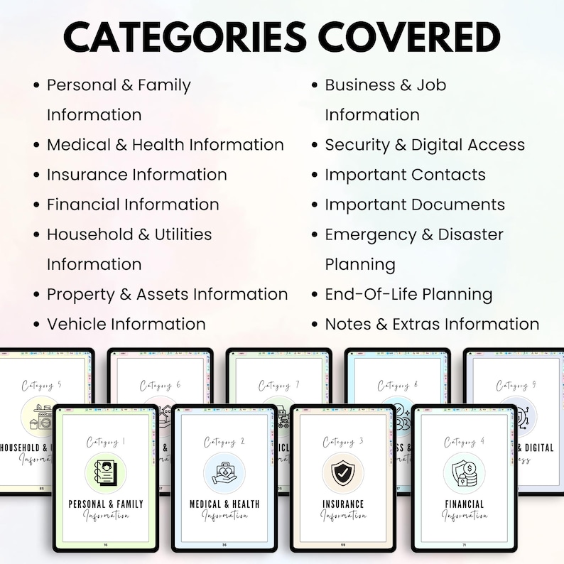 May include: A digital product showcasing various categories for organizing information, including personal, medical, financial, and emergency planning. The image displays a list of categories and several tablets with category icons and titles. The text "CATEGORIES COVERED" is at the top.