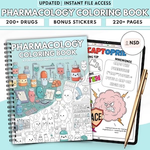 Peut inclure: Un livre de coloriage de pharmacologie à spirales avec le titre "Pharmacology Coloring Book" et le texte "A fun and easy way to learn drugs !" est affiché à côté d'une tablette avec une page ouverte. Le livre contient 200+ médicaments et 220+ pages.